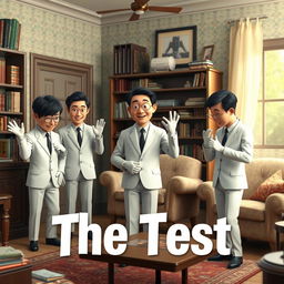 A Disney + Pixar inspired 3D render featuring 3-5 Asian men in white suits, each wearing white gloves, scattered around an old apartment