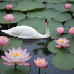 A graceful swan and a flamboyant peacock, interacting peacefully on a serene lotus lake, surrounded by beautifully blooming lotus flowers.