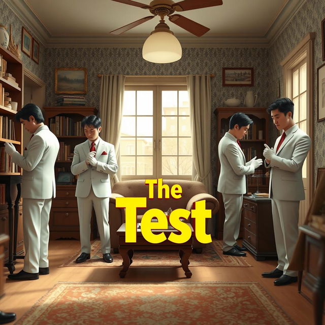 A Disney + Pixar inspired 3D render featuring 3-5 Asian men in white suits, each wearing white gloves, scattered around an old apartment