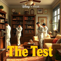 A Disney + Pixar inspired 3D render featuring 3-5 Asian men in white suits, each wearing white gloves, scattered around an old apartment