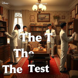 A Disney + Pixar inspired 3D render featuring 3-5 Asian men in white suits, each wearing white gloves, scattered around an old apartment