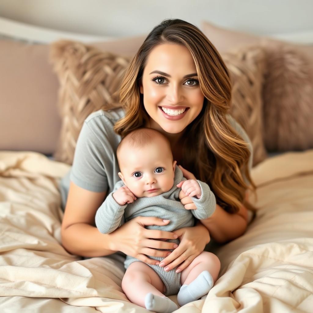 A smiling woman with long, wavy hair and soft makeup sits on a beige bedspread, gently holding a baby