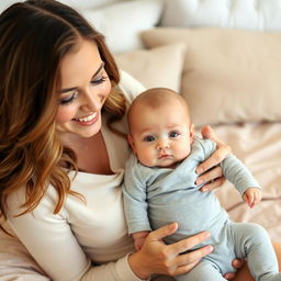 A smiling woman with long, wavy hair and soft makeup sits on a beige bedspread, gently holding a baby