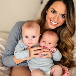 A smiling woman with long, wavy hair and soft makeup sits on a beige bedspread, gently holding a baby