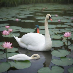 A graceful swan and a flamboyant peacock, interacting peacefully on a serene lotus lake, surrounded by beautifully blooming lotus flowers.