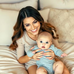 A smiling woman with long, wavy hair and soft makeup sits on a beige bedspread, gently holding a baby