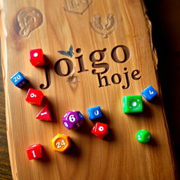 A rustic wooden board with the text "jogo hoje" elegantly carved into it