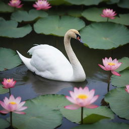 A graceful swan and a flamboyant peacock, interacting peacefully on a serene lotus lake, surrounded by beautifully blooming lotus flowers.