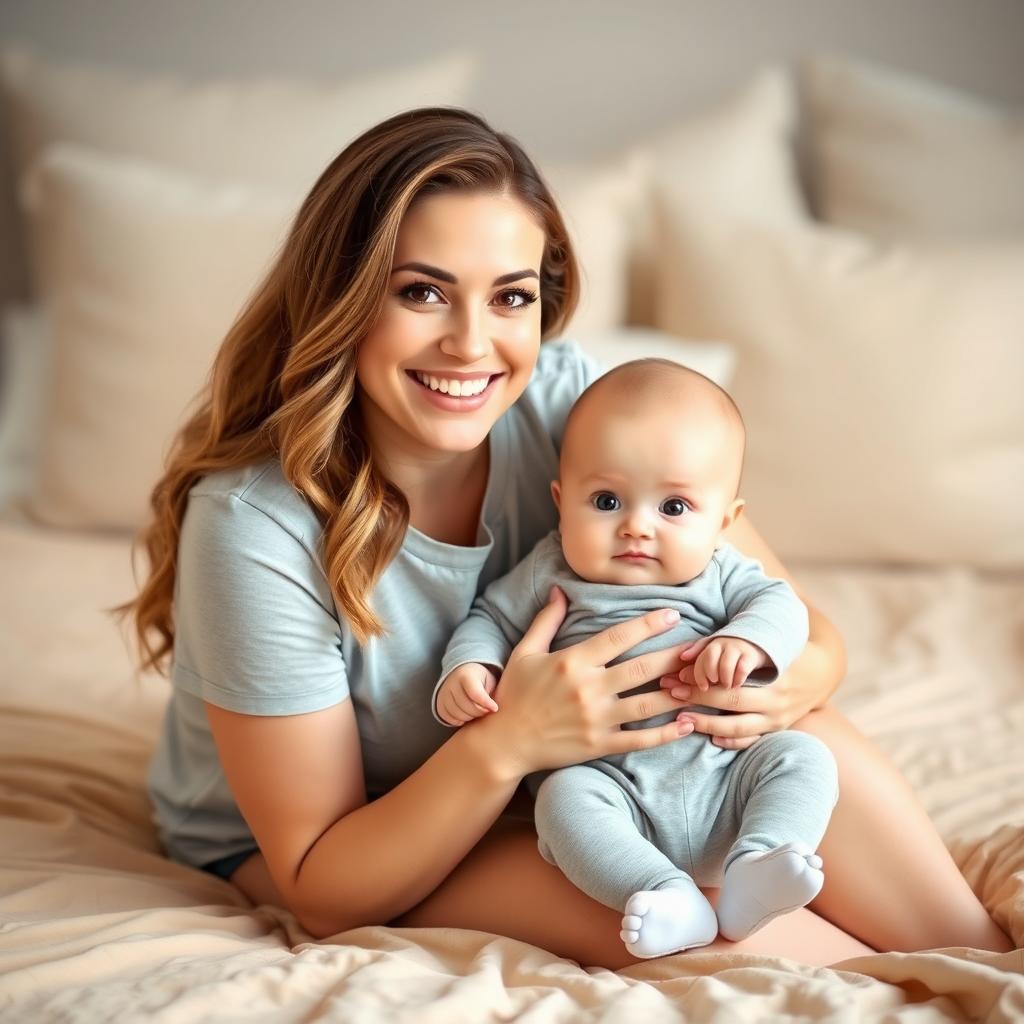 A smiling woman with long, wavy hair and soft makeup sits on a beige bedspread, gently holding a baby