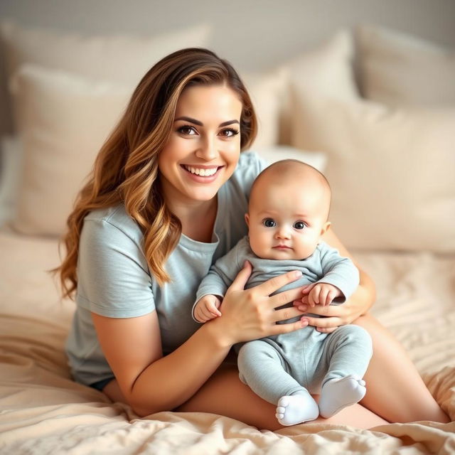 A smiling woman with long, wavy hair and soft makeup sits on a beige bedspread, gently holding a baby