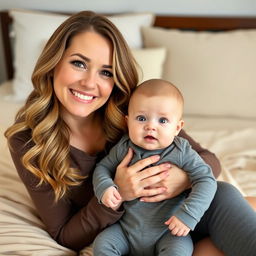 A smiling woman with long, wavy hair and soft makeup sits on a beige bedspread, gently holding a baby