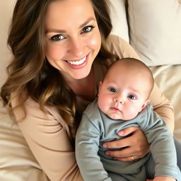 A smiling woman with long, wavy hair and soft makeup sits on a beige bedspread, gently holding a baby