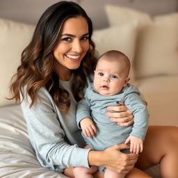 A smiling woman with long, wavy hair and soft makeup sits on a beige bedspread, gently holding a baby