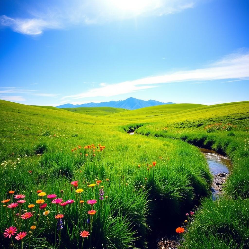 A serene landscape with lush green meadows and a clear blue sky, capturing the innocence and beauty of nature