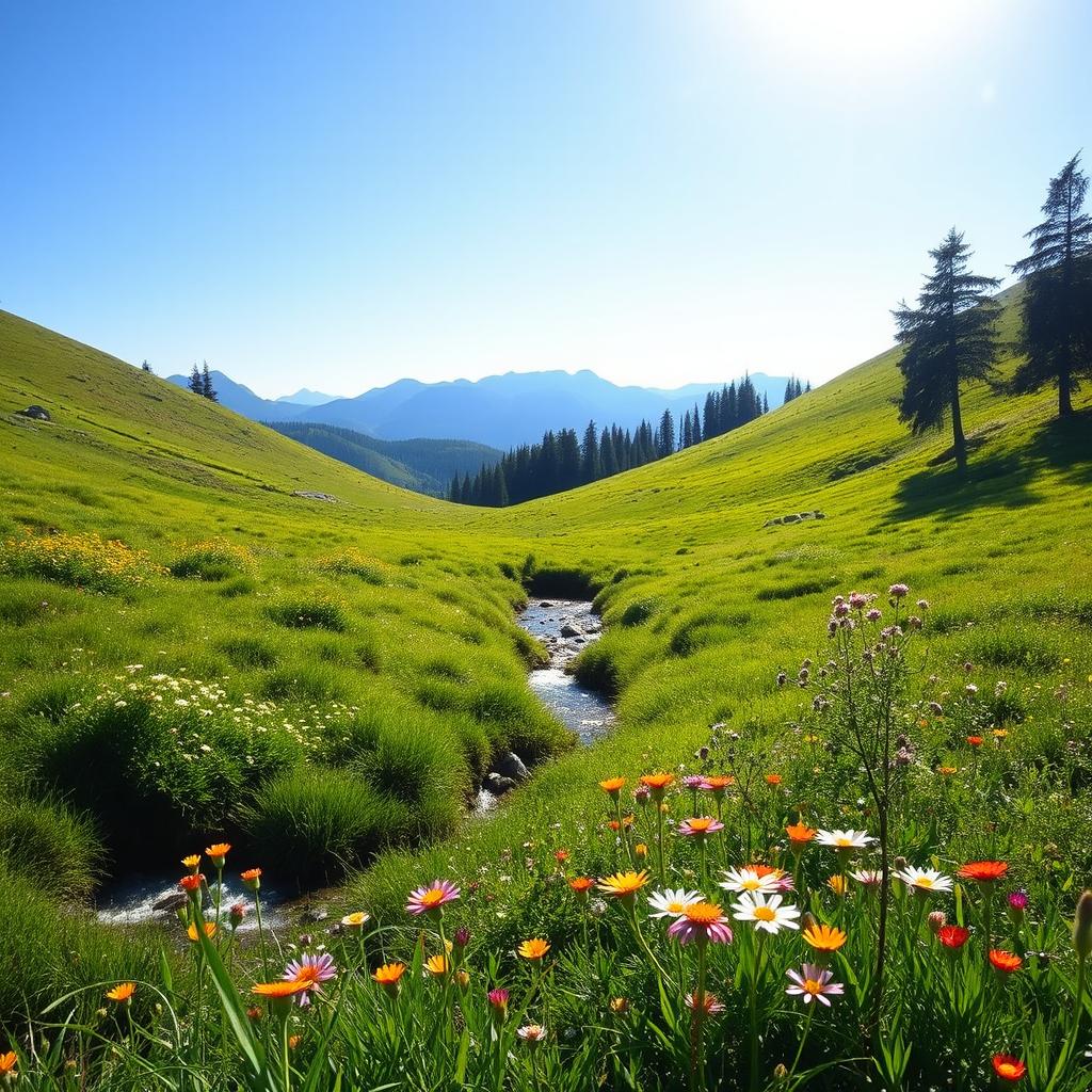 A serene landscape with lush green meadows and a clear blue sky, capturing the innocence and beauty of nature