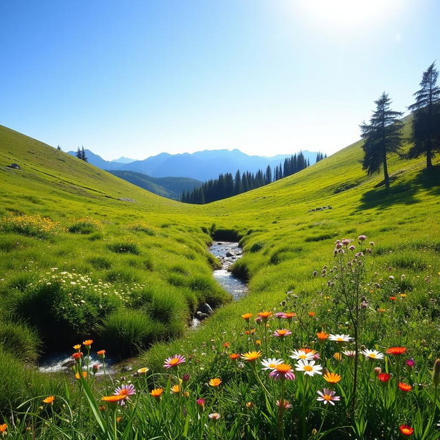 A serene landscape with lush green meadows and a clear blue sky, capturing the innocence and beauty of nature