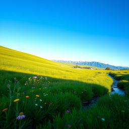 A serene landscape with lush green meadows and a clear blue sky, capturing the innocence and beauty of nature