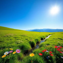 A serene landscape with lush green meadows and a clear blue sky, capturing the innocence and beauty of nature