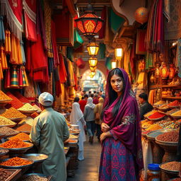 A vibrant and lively Moroccan market scene filled with colorful fabrics, exotic spices, and bustling crowds