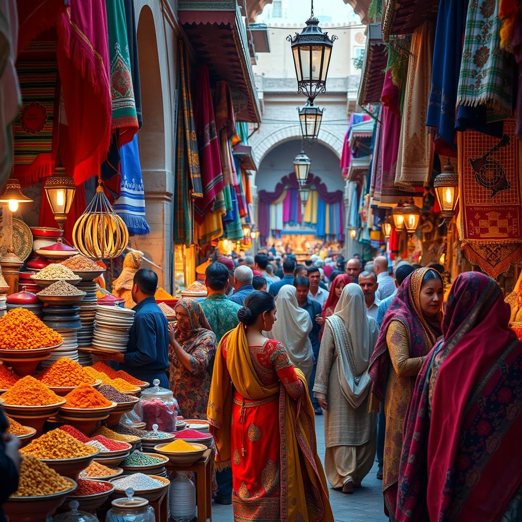 A vibrant and lively Moroccan market scene filled with colorful fabrics, exotic spices, and bustling crowds