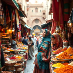 A vibrant and lively Moroccan market scene filled with colorful fabrics, exotic spices, and bustling crowds