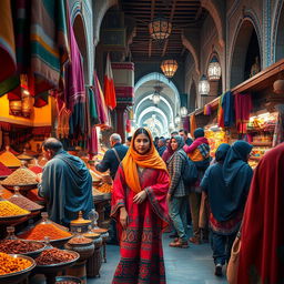 A vibrant and lively Moroccan market scene filled with colorful fabrics, exotic spices, and bustling crowds