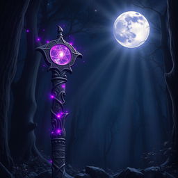 A mystical and ancient Staff of the Magi, intricately carved from ebony wood, adorned with glowing runes and surrounded by a shimmering aura of purple and blue magical energy