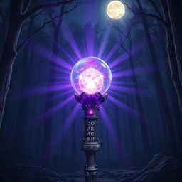 A mystical and ancient Staff of the Magi, intricately carved from ebony wood, adorned with glowing runes and surrounded by a shimmering aura of purple and blue magical energy