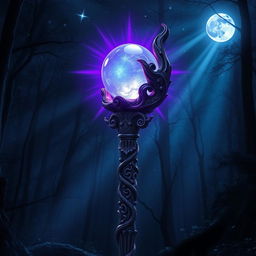 A mystical and ancient Staff of the Magi, intricately carved from ebony wood, adorned with glowing runes and surrounded by a shimmering aura of purple and blue magical energy