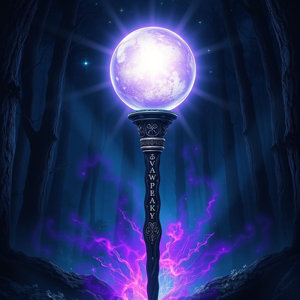 A mystical and ancient Staff of the Magi, intricately carved from ebony wood, adorned with glowing runes and surrounded by a shimmering aura of purple and blue magical energy