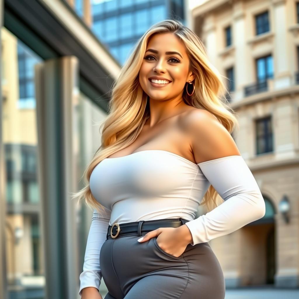 A confident and attractive blonde woman with a voluminous and curvy figure, showcasing her prominent curves while wearing stylish and form-fitting clothing that accentuates her shape