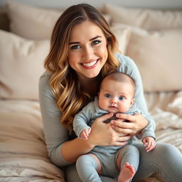 A smiling woman with long, wavy hair and soft makeup sits on a beige bedspread, gently holding a baby