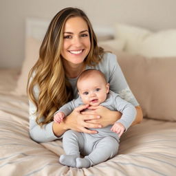 A smiling woman with long, wavy hair and soft makeup sits on a beige bedspread, gently holding a baby