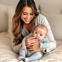 A smiling woman with long, wavy hair and soft makeup sits on a beige bedspread, gently holding a baby