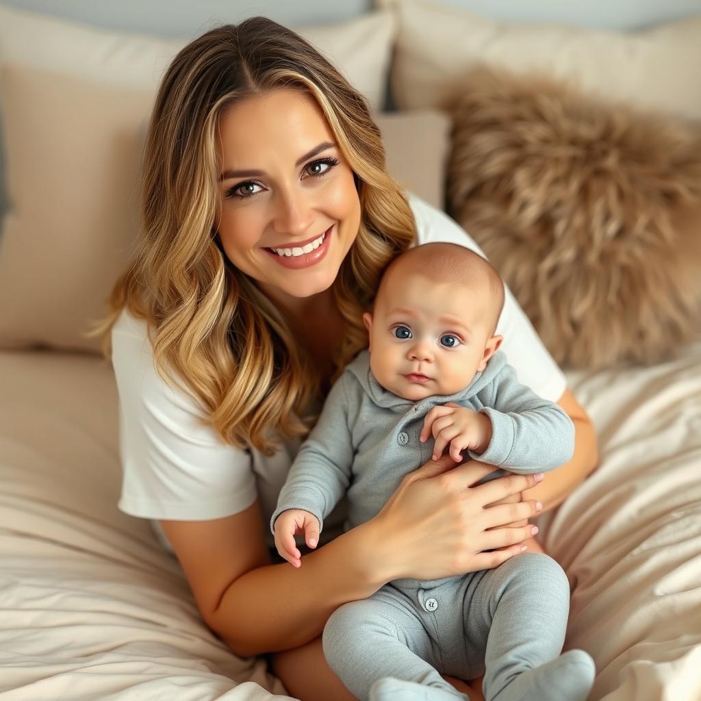 A smiling woman with long, wavy hair and soft makeup sits on a beige bedspread, gently holding a baby