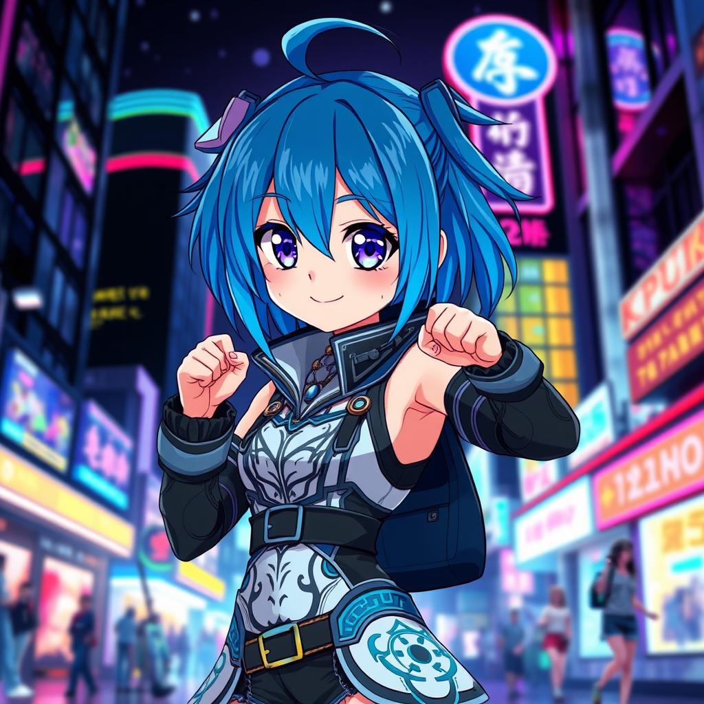 An anime girl with striking blue hair, standing in a dynamic pose