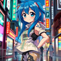 An anime girl with striking blue hair, standing in a dynamic pose