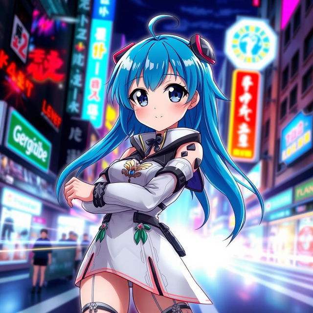 An anime girl with striking blue hair, standing in a dynamic pose