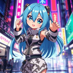 An anime girl with striking blue hair, standing in a dynamic pose