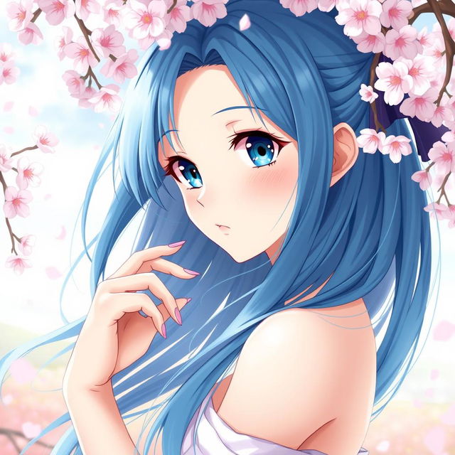 An anime girl with striking blue hair, posed artistically to emphasize elegance and beauty