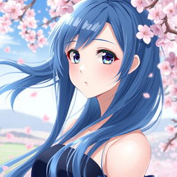 An anime girl with striking blue hair, posed artistically to emphasize elegance and beauty