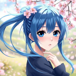 An anime girl with striking blue hair, posed artistically to emphasize elegance and beauty