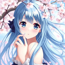 An anime girl with striking blue hair, posed artistically to emphasize elegance and beauty