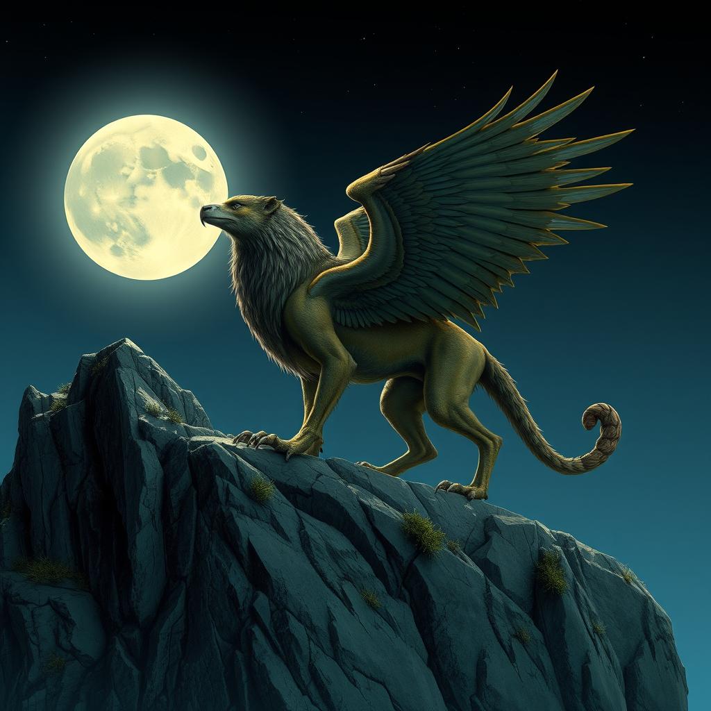 A mythical creature with the face of a wolf, body of a lion, wings of an eagle, and the tail of a scorpion standing majestically on a rocky cliff under a full moon