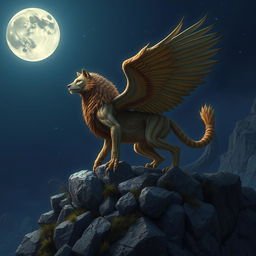 A mythical creature with the face of a wolf, body of a lion, wings of an eagle, and the tail of a scorpion standing majestically on a rocky cliff under a full moon