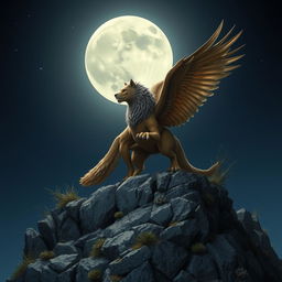 A mythical creature with the face of a wolf, body of a lion, wings of an eagle, and the tail of a scorpion standing majestically on a rocky cliff under a full moon