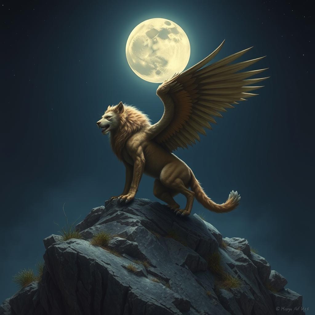 A mythical creature with the face of a wolf, body of a lion, wings of an eagle, and the tail of a scorpion standing majestically on a rocky cliff under a full moon