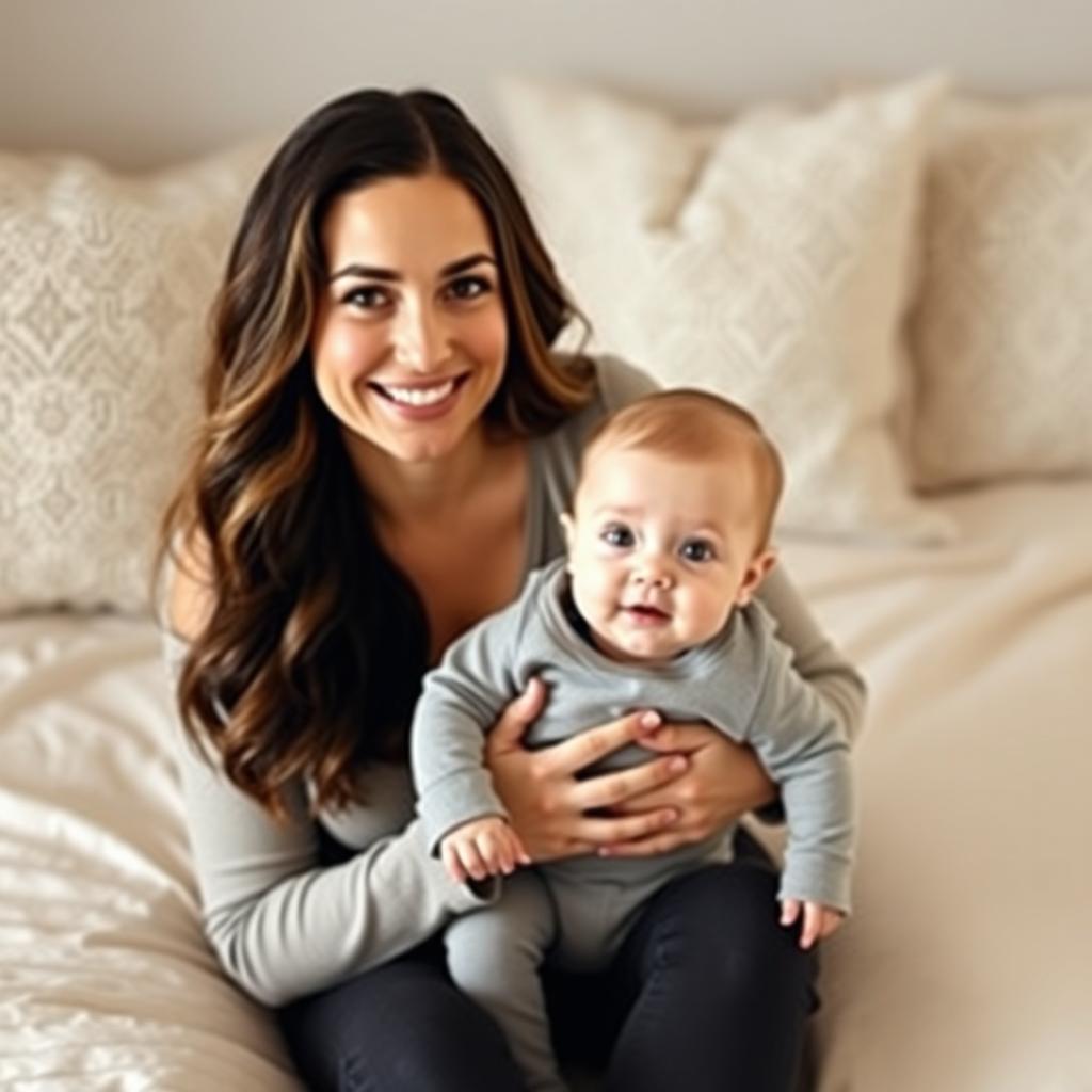 A smiling woman with long, wavy hair and soft makeup sits on a beige bedspread, gently holding a baby