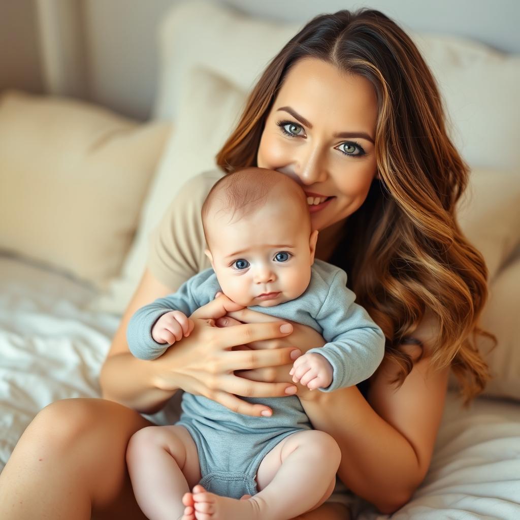 A smiling woman with long, wavy hair and soft makeup sits on a beige bedspread, gently holding a baby