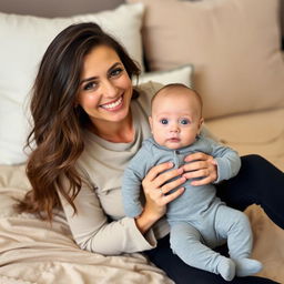 A smiling woman with long, wavy hair and soft makeup sits on a beige bedspread, gently holding a baby